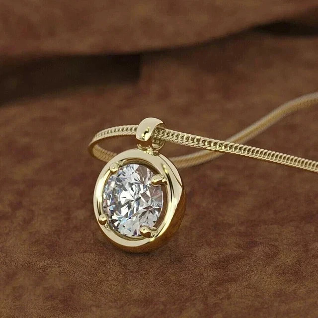 Real Moissanite 3Ct Round Cut Solitaire Beauty Pendant 14K Yellow Gold Plated