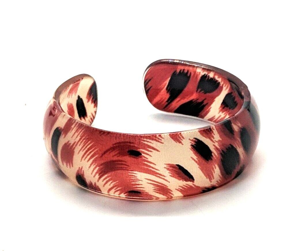 Lucite Cuff BRACELET Translucent Pink Black Leopard Print Bangle Vtg 1″ x 8″