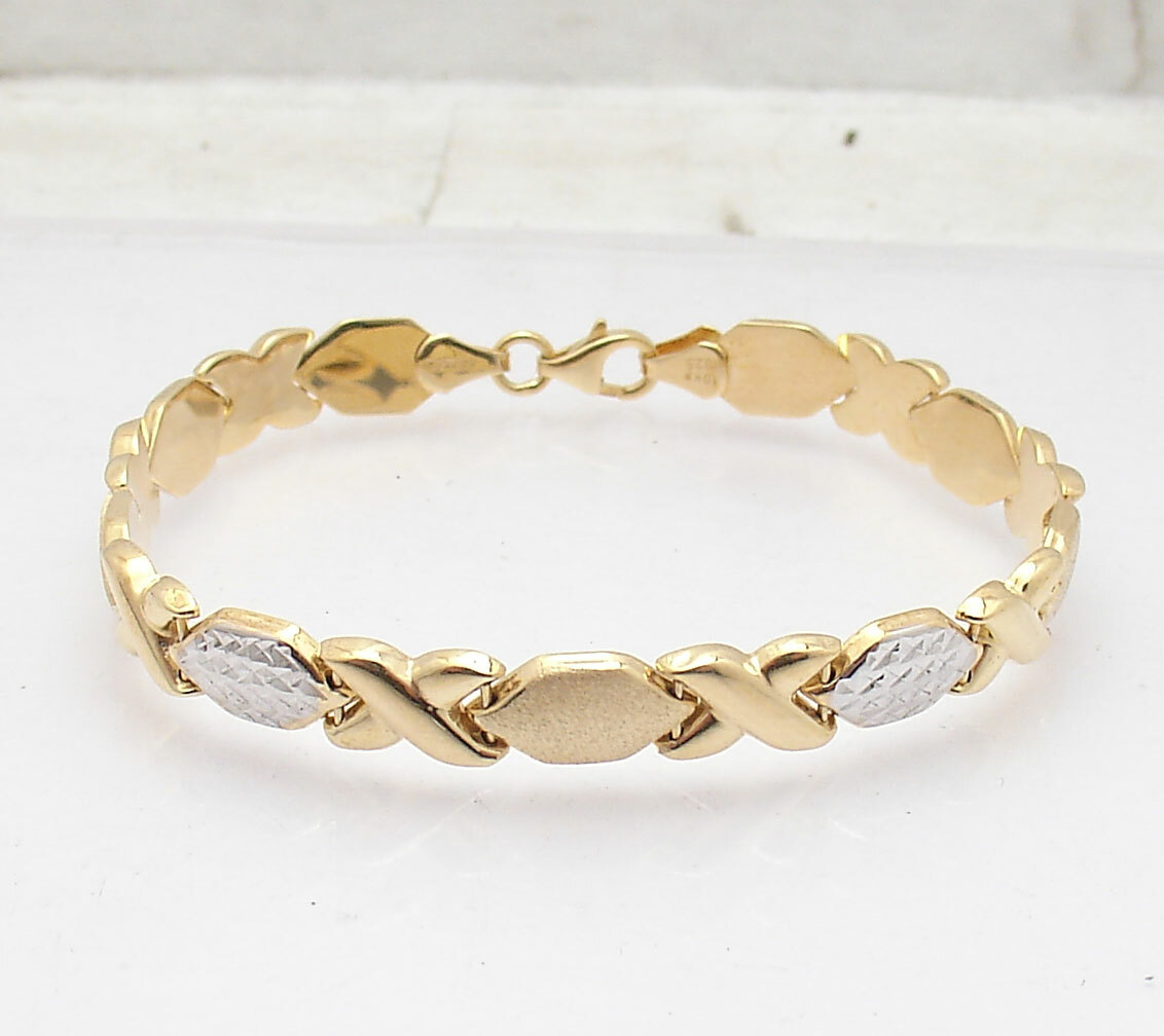 7″ Hugs & Kisses XOXO Bracelet 10K Yellow White Two-Tone Gold Plated 925 Silver