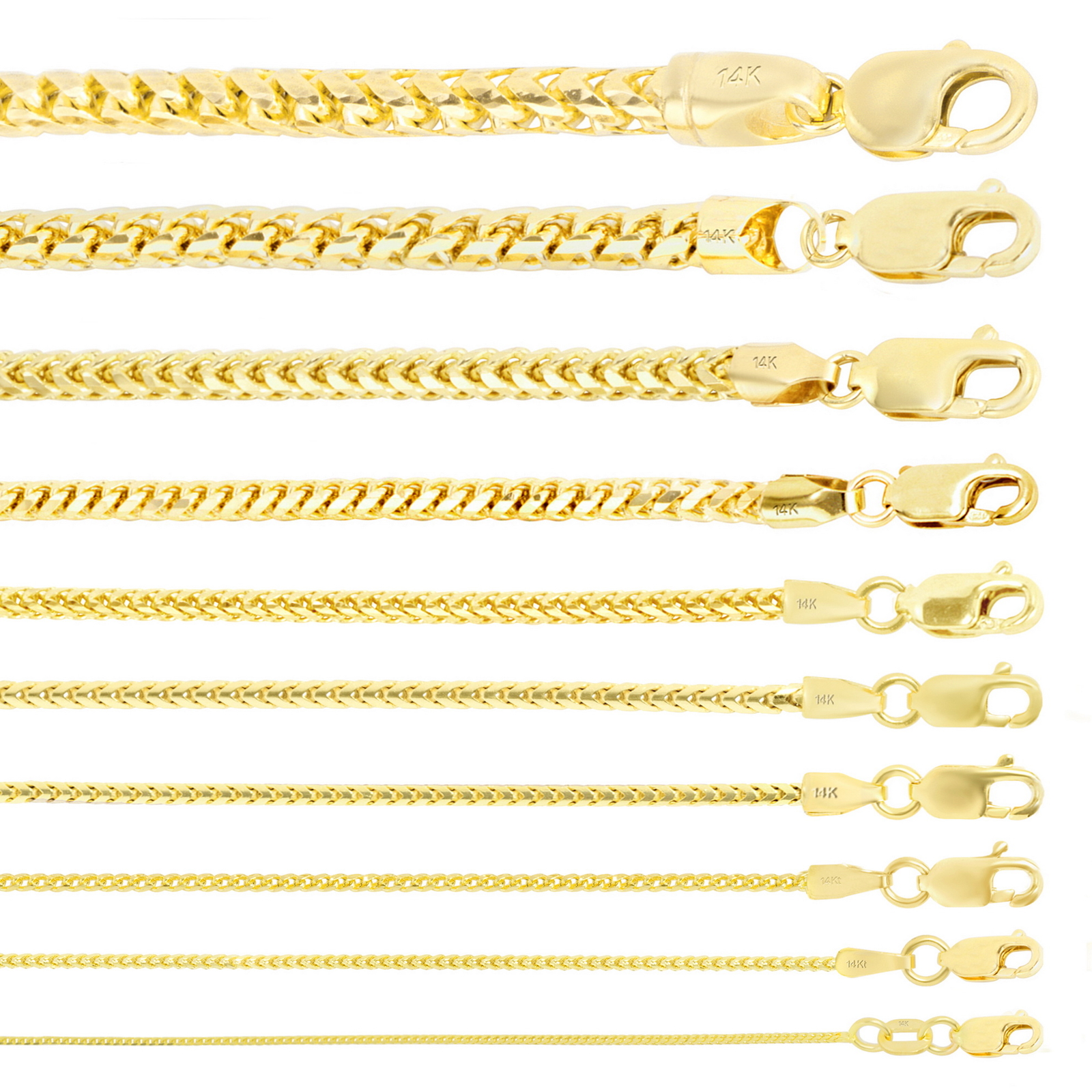 14K Yellow Gold Solid Franco 1mm-6mm Diamond Cut Chain Necklace Bracelet 7″-30″