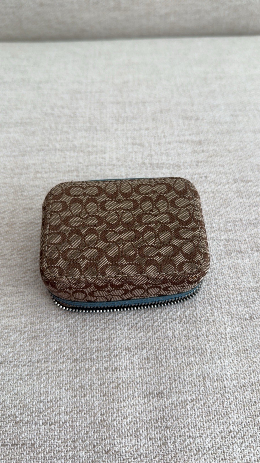 Coach Logo Leather Zip Jewellery Box Case Brown/Blue Trim Lined Fabric