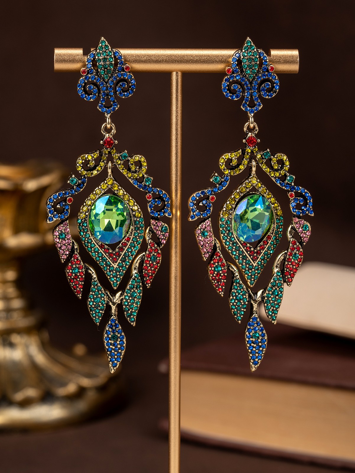 Vintage Handbeaded Multicolor Rhinestone Bib Necklace and Earrings Set for Women