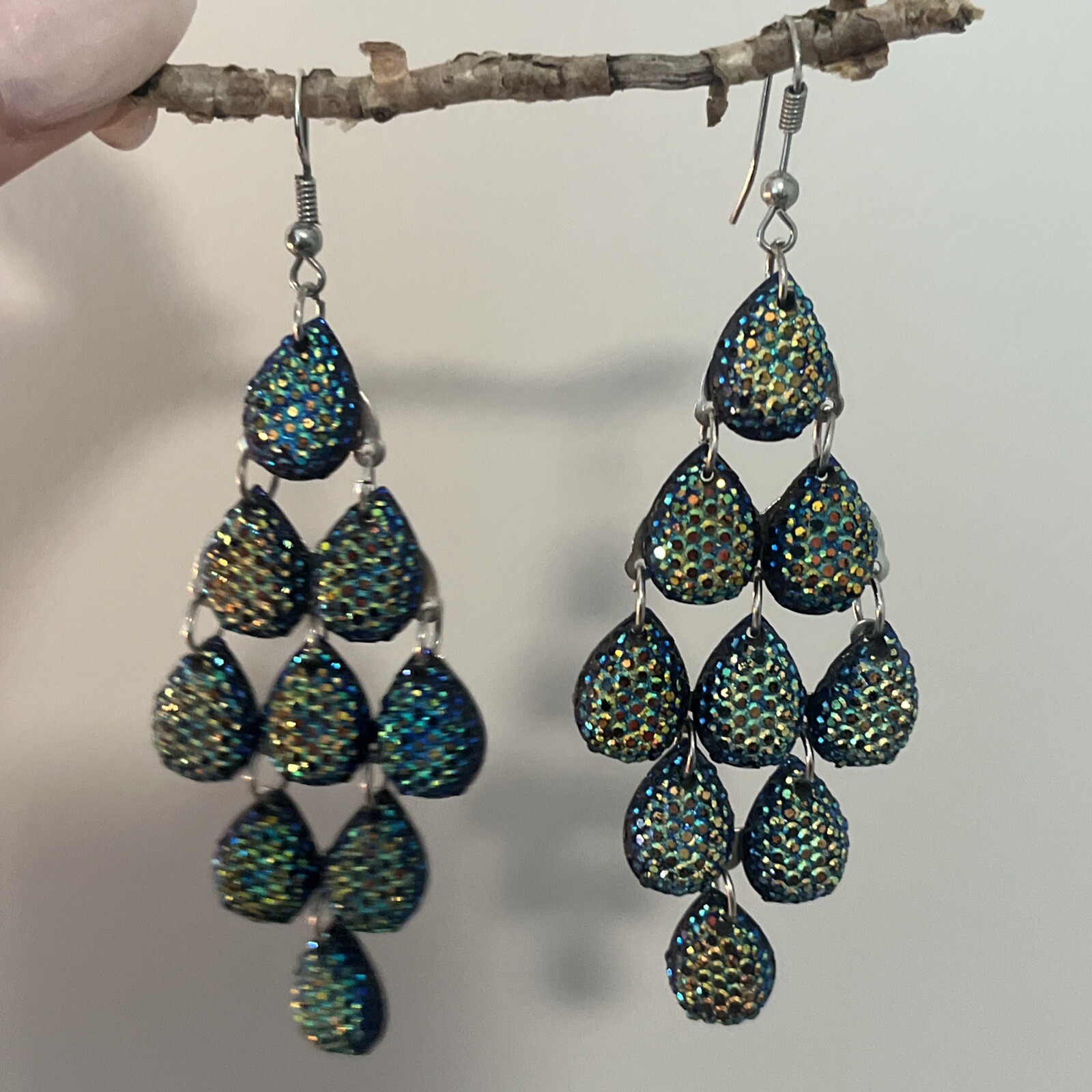 Blue Green Gold Rhinestone Chandelier Earrings Silver Tone