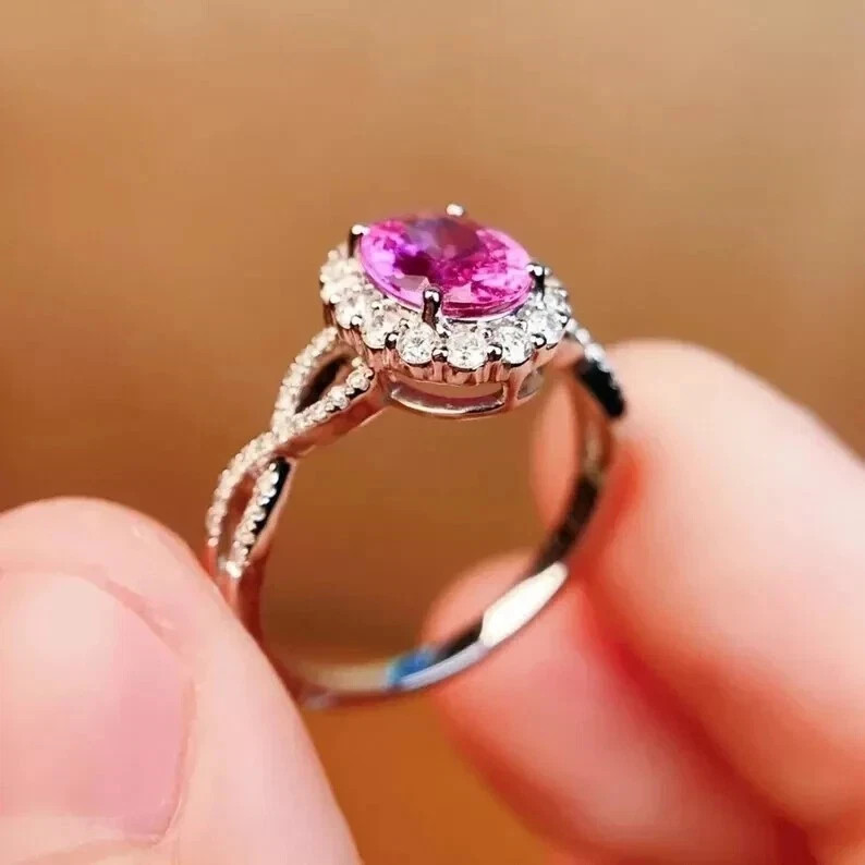 3 Ct Oval Cut Simulated Pink Sapphire Engagement Band Ring 14k White Gold Plated