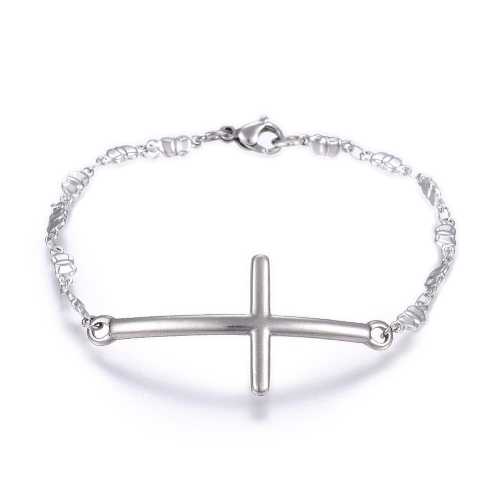 Stainless Steel Link Bracelet Lobster Cross Bowknot Silver Color 7.8″ 3.5mm A76