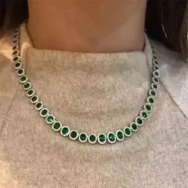 21CT Oval Cut Lab Created Emerald Women’s Tennis Necklace 14K White Gold Finish
