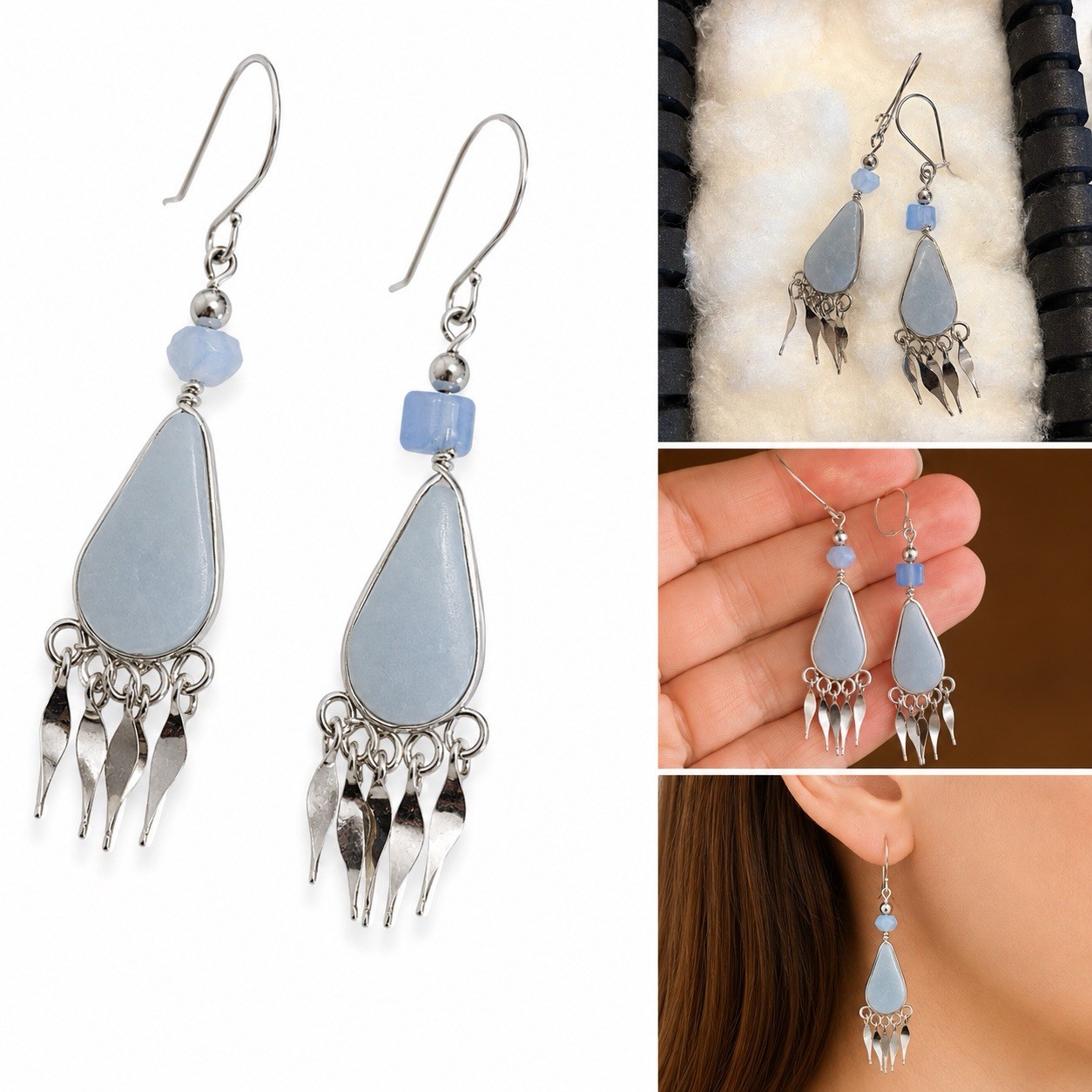 Handmade Lima Peru Celestine Teardrop Dangle Earrings Artisan Boho Statement