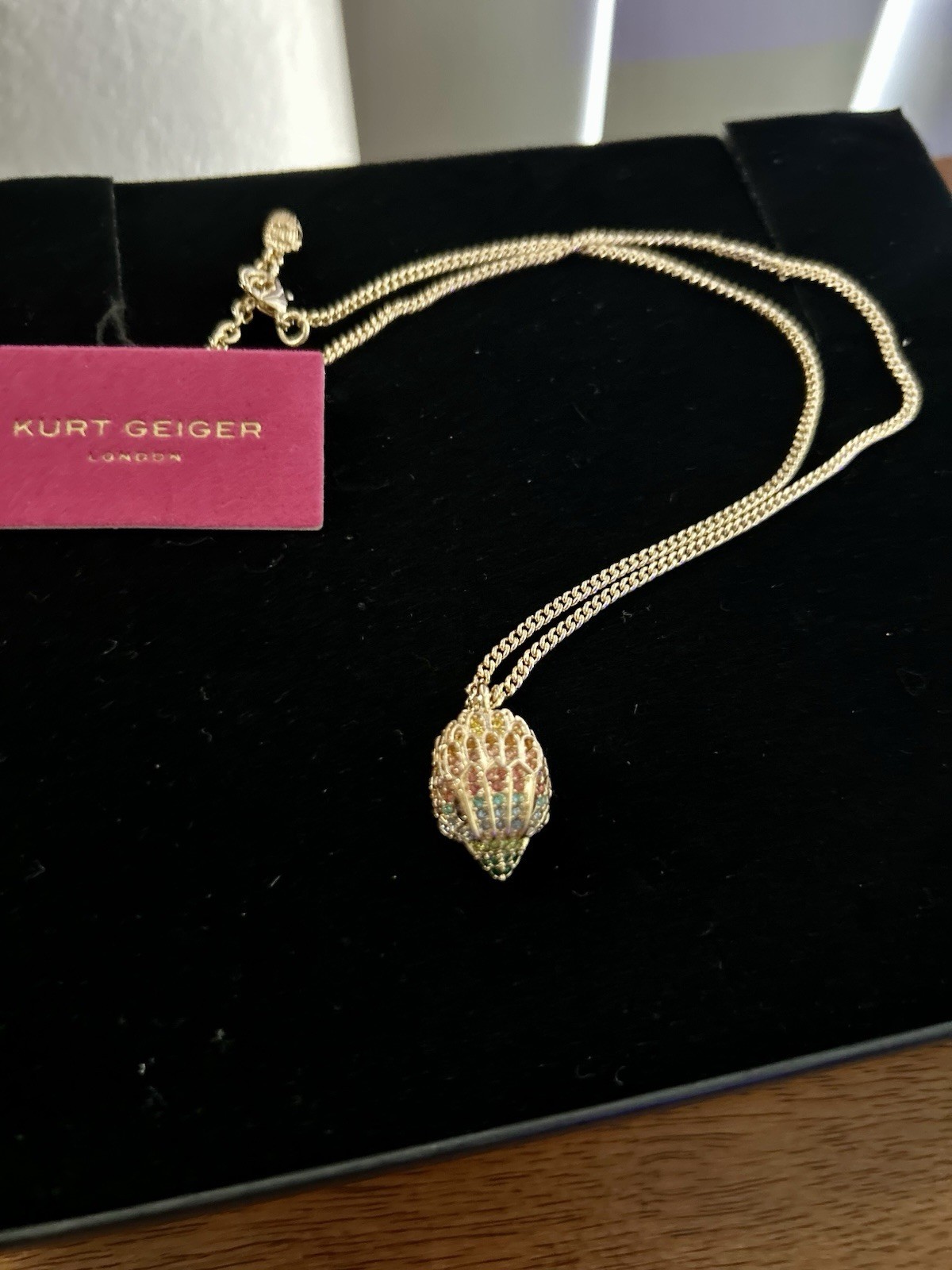 Kurt Geiger Eagle Head Pendant Necklace Multicolor Pavé Crystal Gold 16-18″