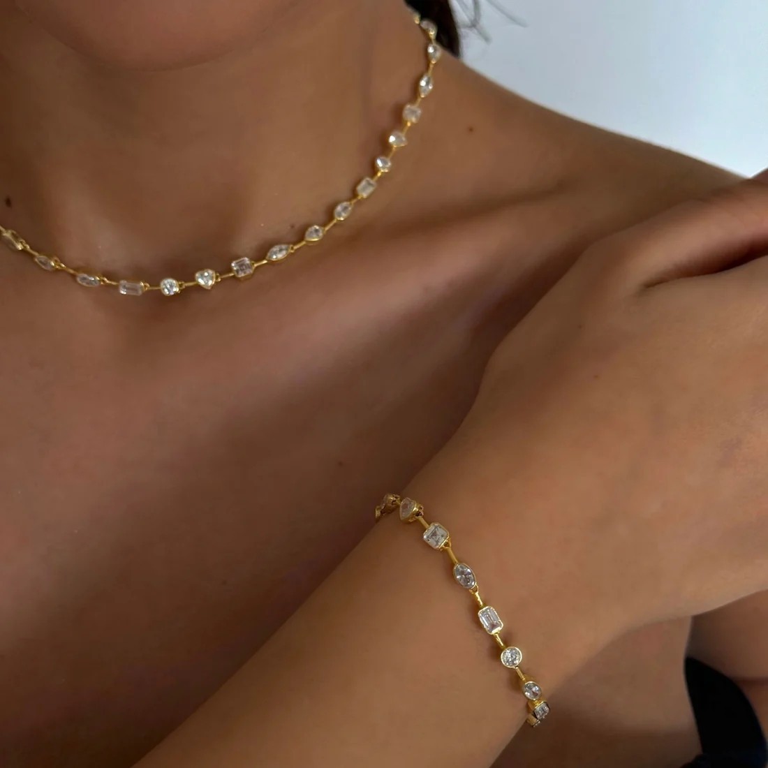Bezel Cut VVS1 Lab Created Diamond Necklace And Bracelet Set 14K Gold Finish