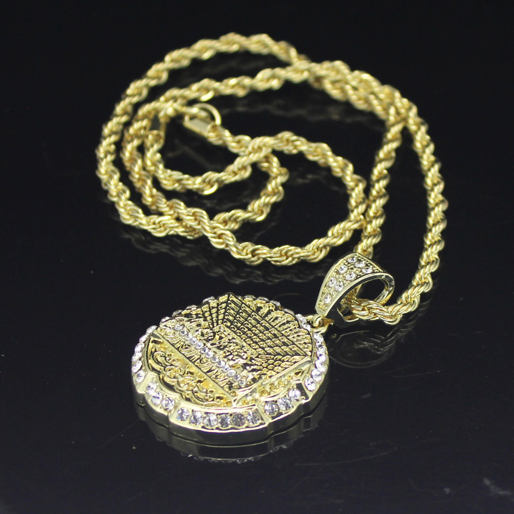Round Iced Medium Last Supper CZ Pendant 14k Gold Plated 24″ Rope Chain Necklace