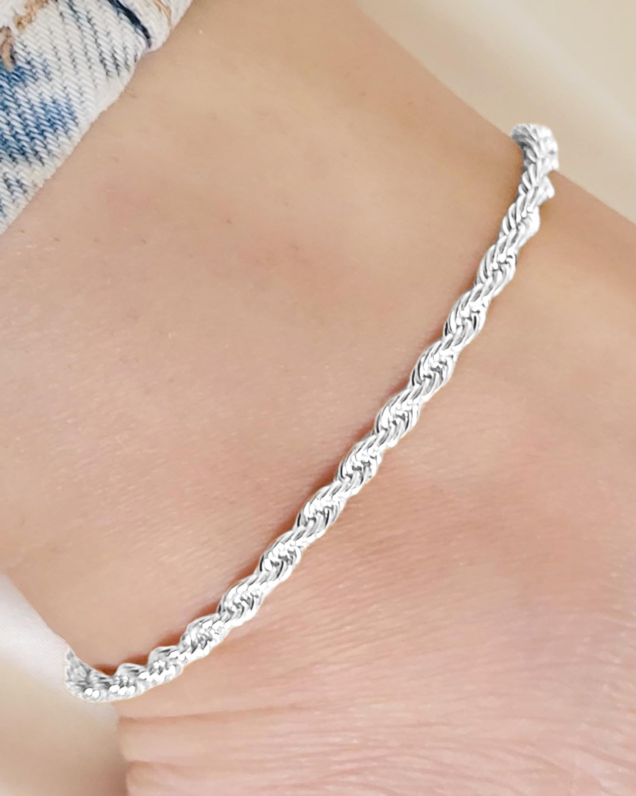 Melshabt Sterling Silver Ankle Bracelets for Women 8.5 Inch, Figaro,Curb,Rope
