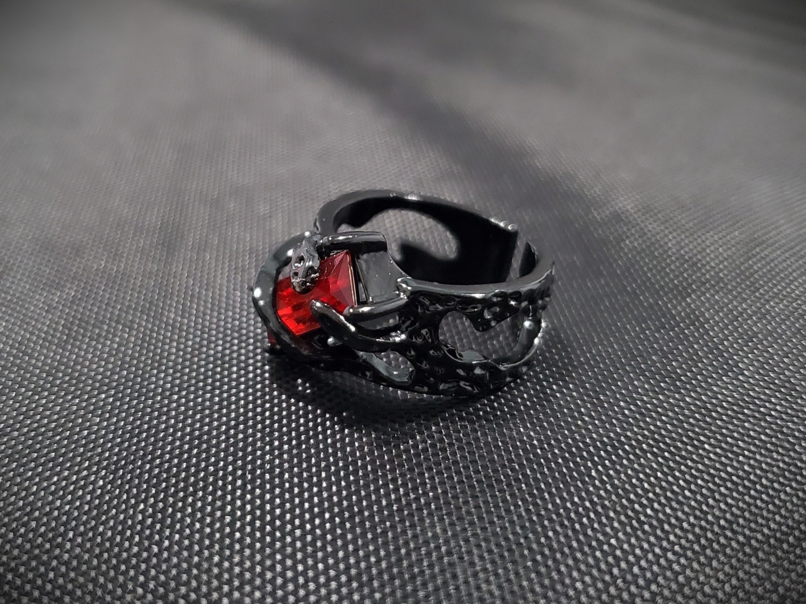 Goth Vampire Sexy style Black Cuff Ring w/ Blood Red Solitaire – Adjustable Sz 7