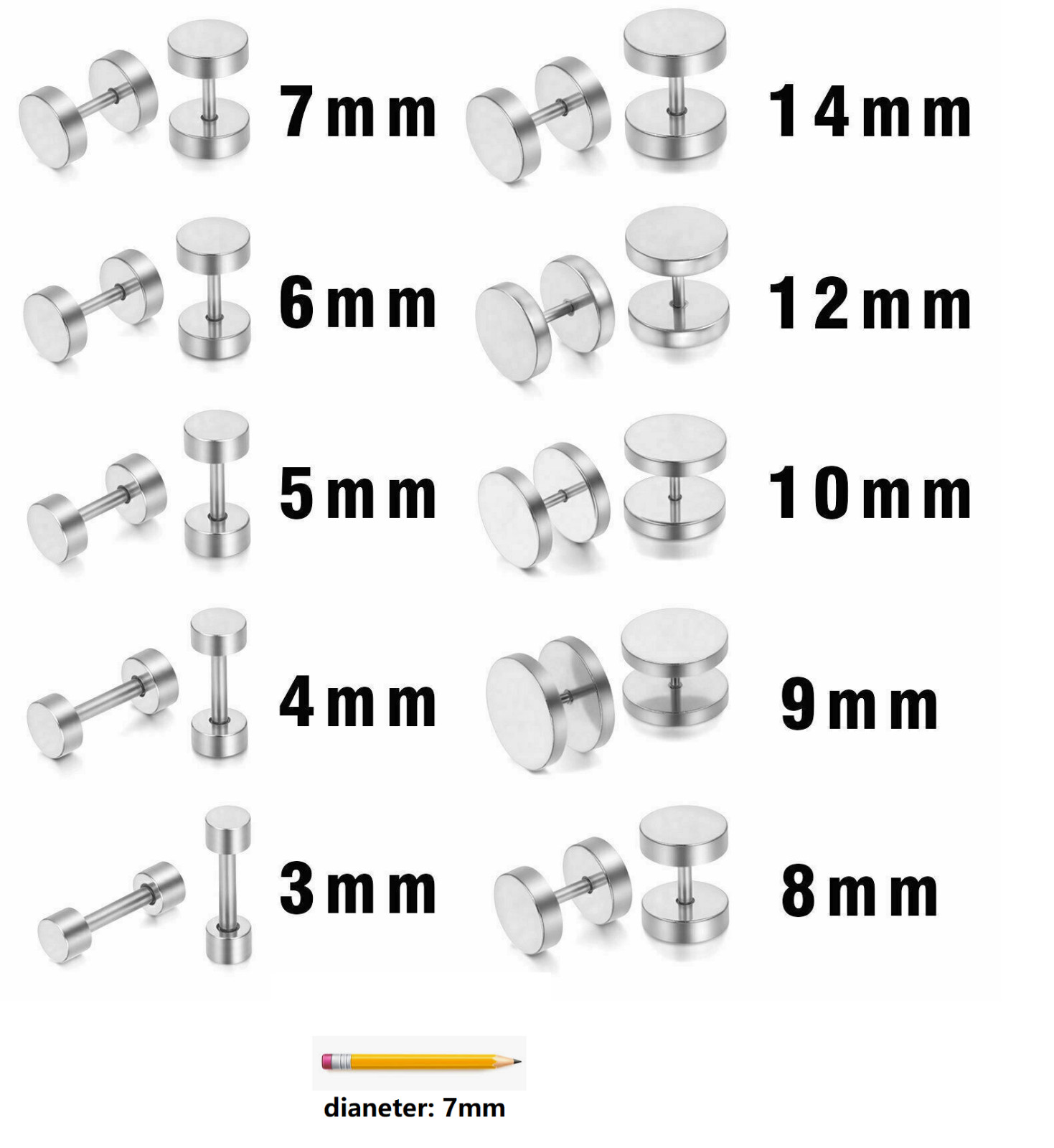 2pcs Round Barbell Stainless Steel Men Women 3-14mm Dumbbell Ear Stud Earrings