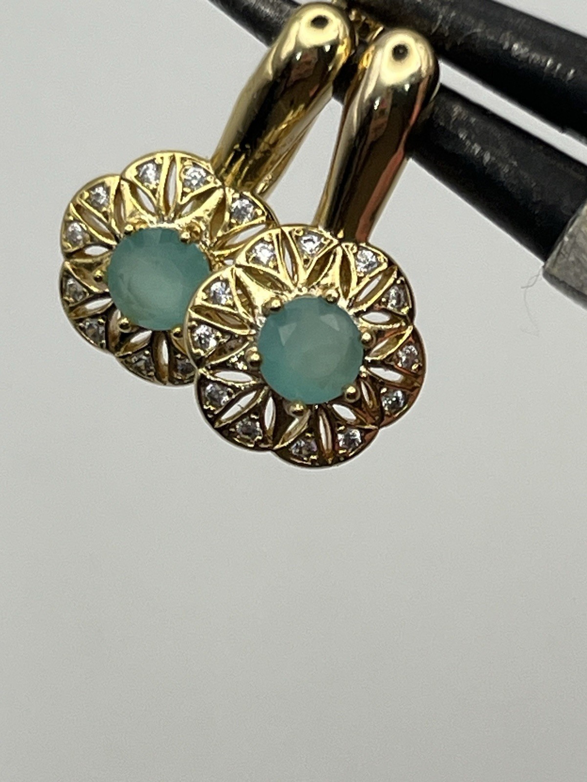 Pale blue green rhinestone gold tone flower cluster earrings