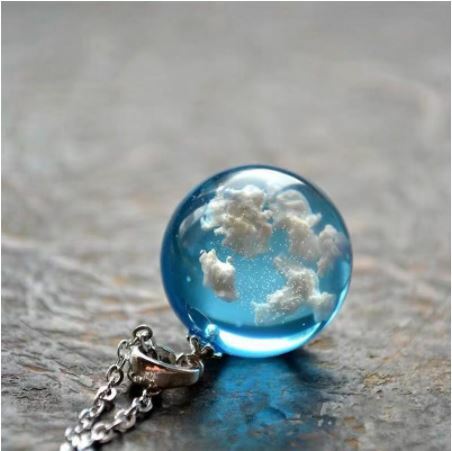 White Clouds Blue Sky Resin Glass Marble Ball Pendant Necklace Terrarium
