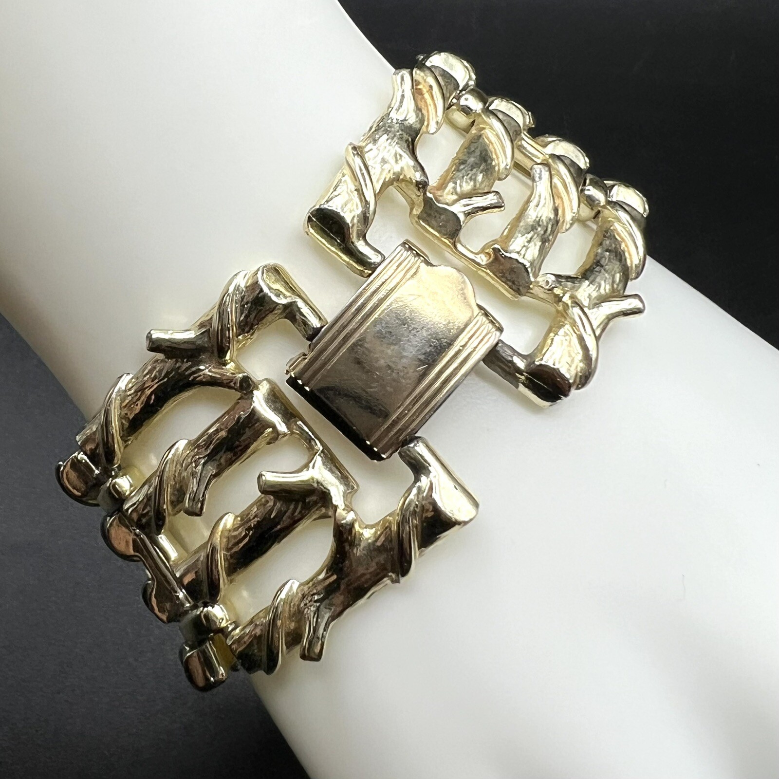 Vintage Signed Coro Bamboo Branch Design Gold Tone Wide Link Metal Bracelet