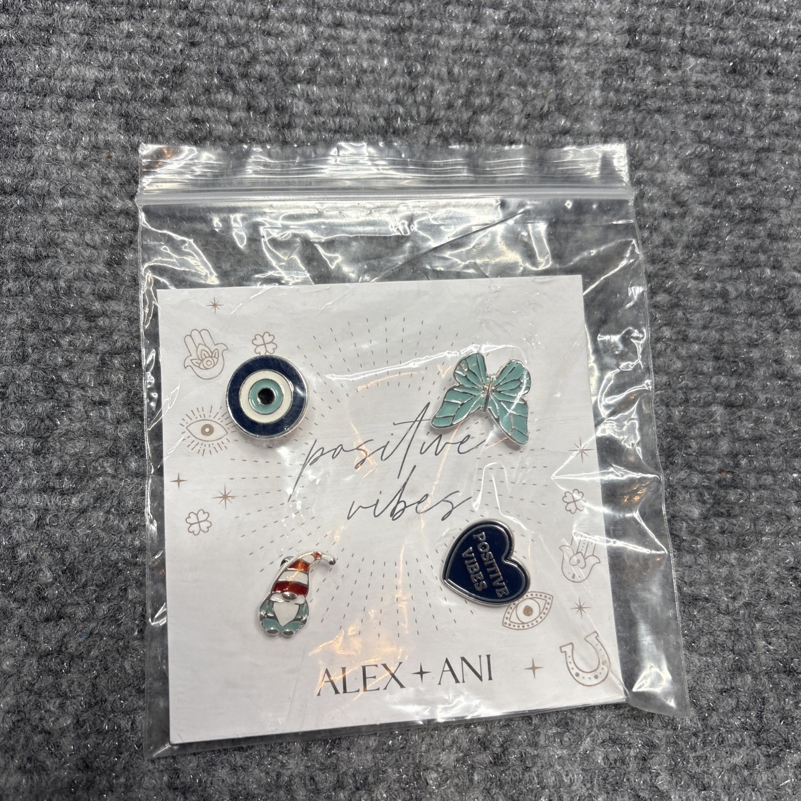 Alex and Ani Positive Vibes Pin Set of 4 Heat Butterfly Eye Gnome New