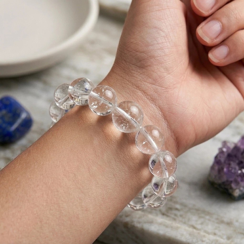 Natural Clear Quartz Beaded Bracelet 11mm Round Beads 18cm Stretch Crystal gift
