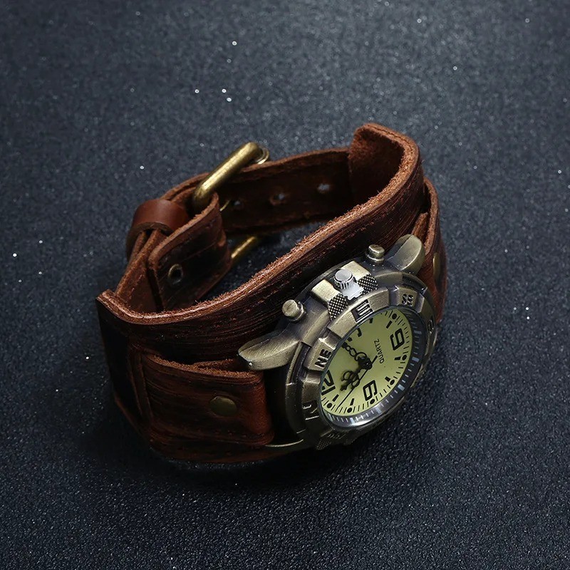 Vintage Retro Leather Cuff Bracelet Wide Band Steampunk Mens Quartz Wrist Watch