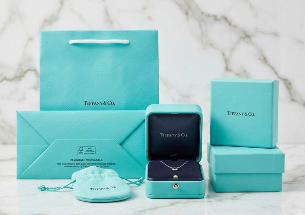TIFFANY & CO. BLUE LEATHER PRESENTATION NECKLACE GIFT BOX, CASE, AND BAG