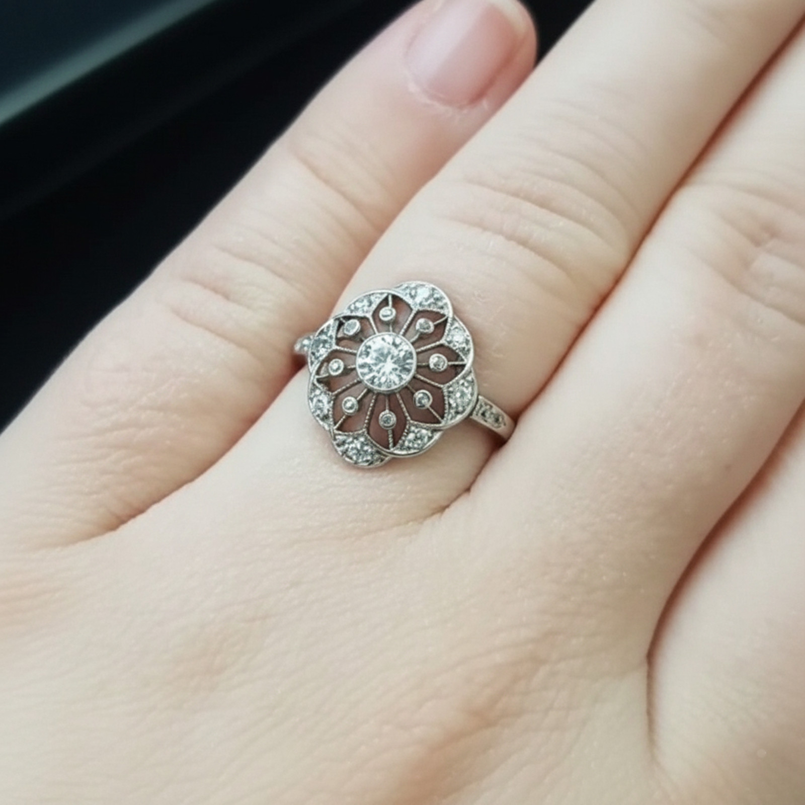 14K Gold Art Deco Old European Cut Lab Created Diamond Floral Motif Ring For Her