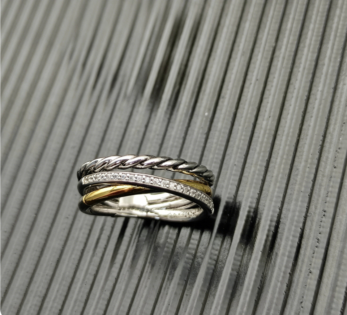 David Yurman 7mm Crossover Three Row Ring Silver with 18K Gold W/Diamonds Size 7