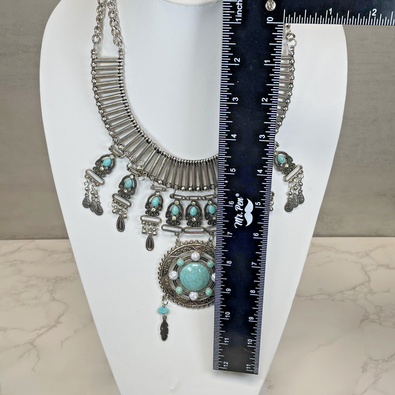 Silver Tone Faux Turquoise Matrix Statement Necklace Feather Bead Southwestern