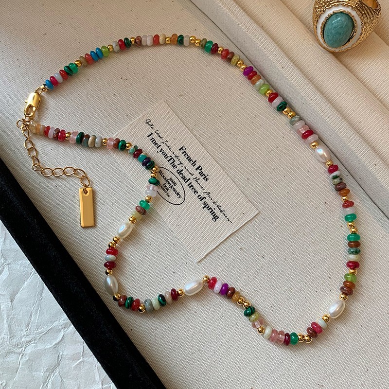 Premium Assorted Gemstone Pearl Rainbow Summer Necklace Bracelet Set for Women