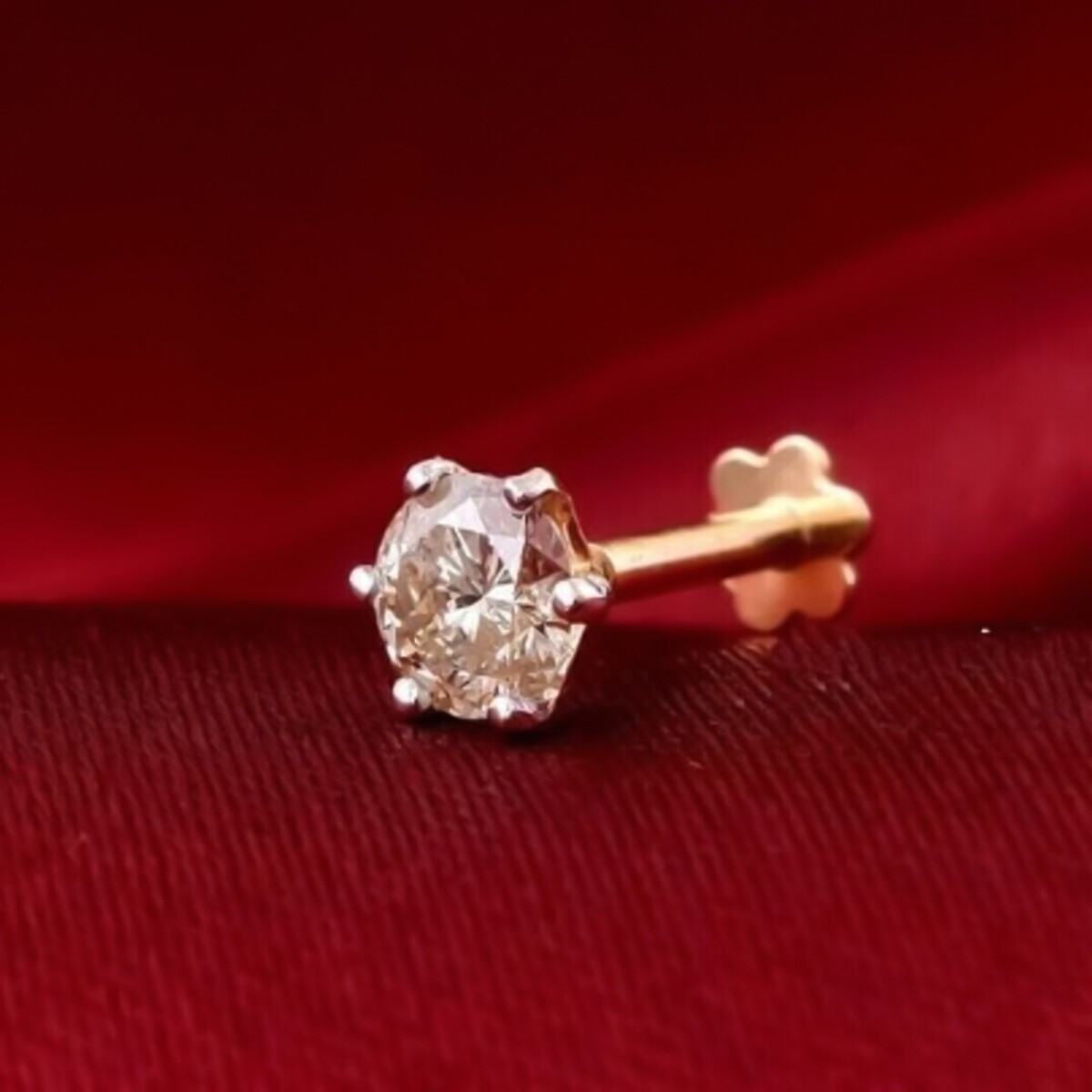 4MM Round Cut Natural Diamond Solitaire Screw Back Nose Pin Real 14K Yellow Gold
