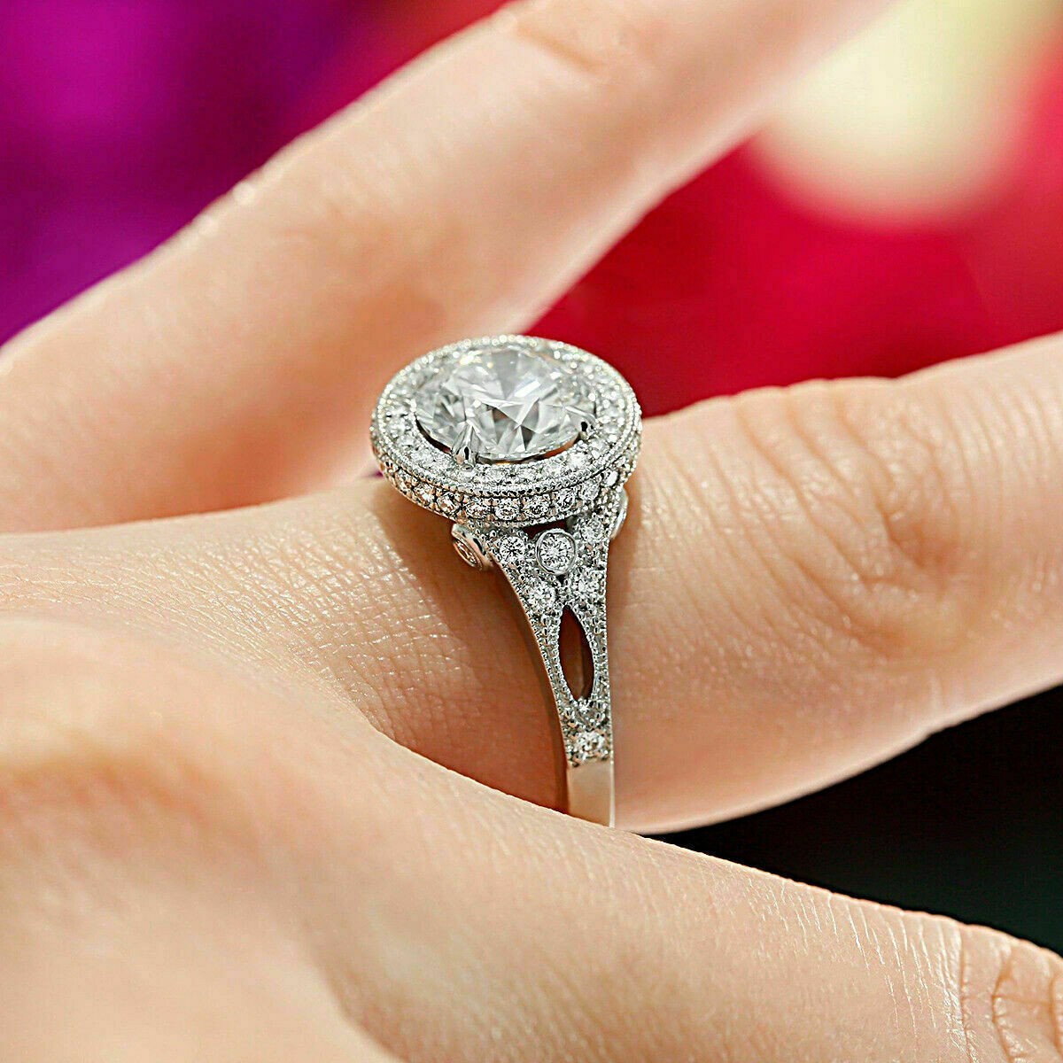 3Ct Round Simulated Diamond Round Flower Engagement Ring 14k White Gold Plated