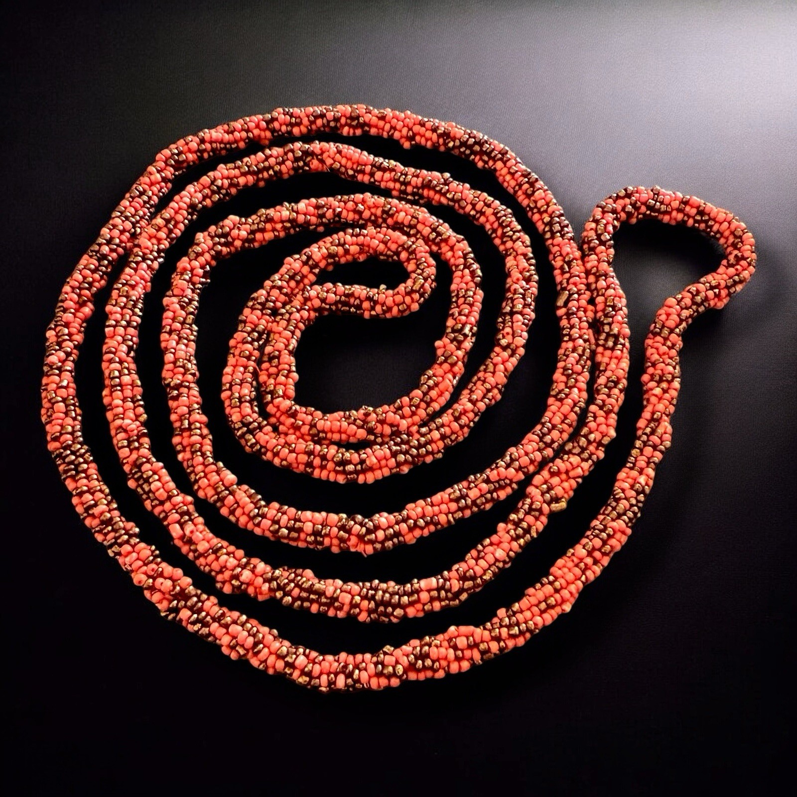 Art Deco Sautoir Necklace Coral Black Glass Bead Crocheted 1920s Flapper