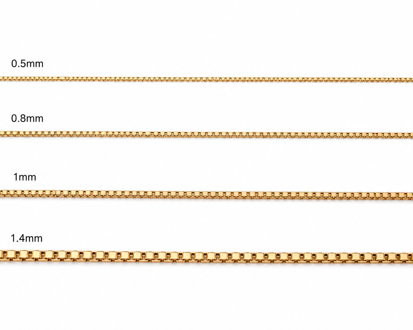 14K Yellow Gold, 0.5mm Box Chain, 16″-24″
