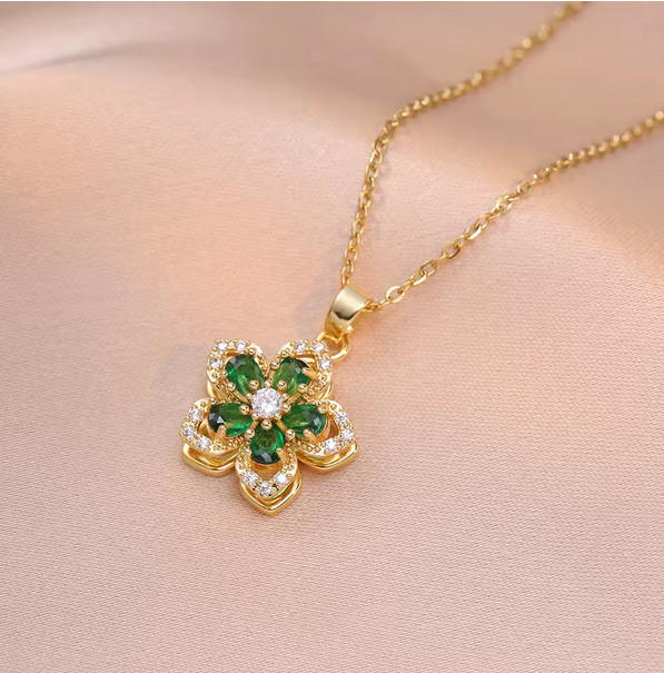 Woman’s Flower Jewelry Necklace Gemstone Gold Plated, Dainty Chain – Emerald
