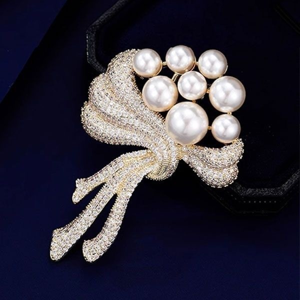 Pearl Bow Brooch Gold Rhinestone Crystal Lapel Pin Fashion Clothes Accessory