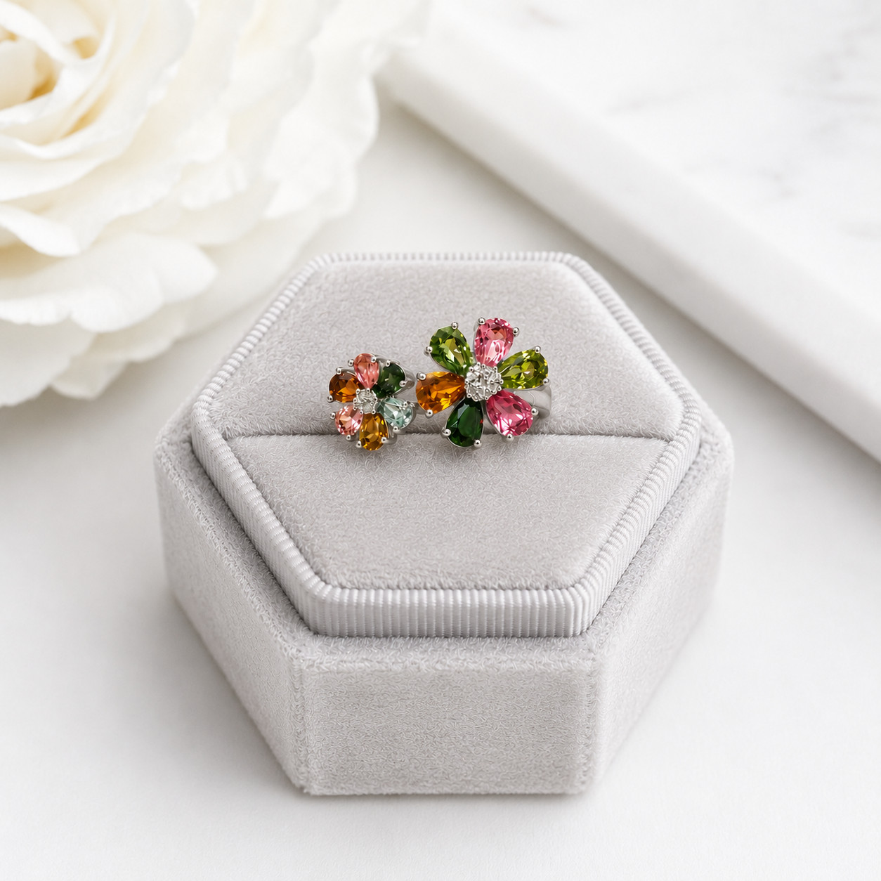 Multi Gemstone Tourmaline 2 Flowers (5) Sterling 925 Bypass Ring Pink Green NEW