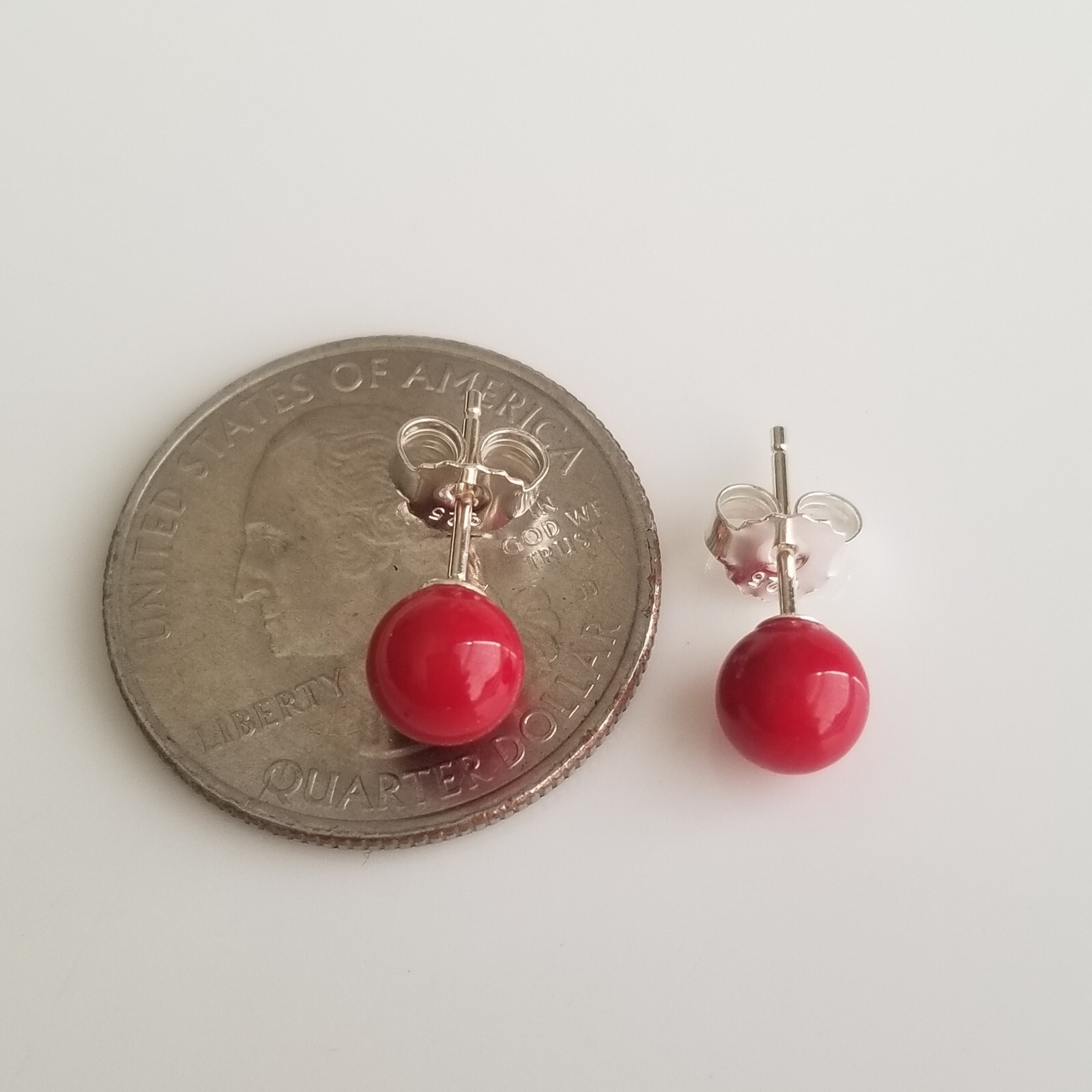 Natural Bamboo Red Coral 6mm Round Ball Stud Earrings Solid 925 Sterling Sliver