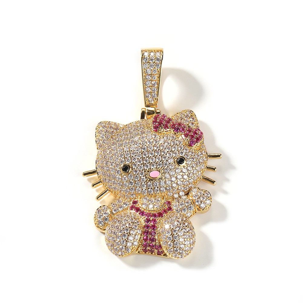 White Gold Plated 5A Iced Out Hello Kitty Pendant Men Chain Cartoon Jewelry Gift