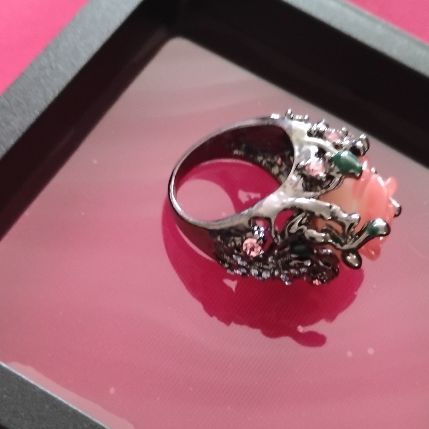 Silver Tone Pink Rose Flower Cocktail Ring Size 7 Pink Rhinestones