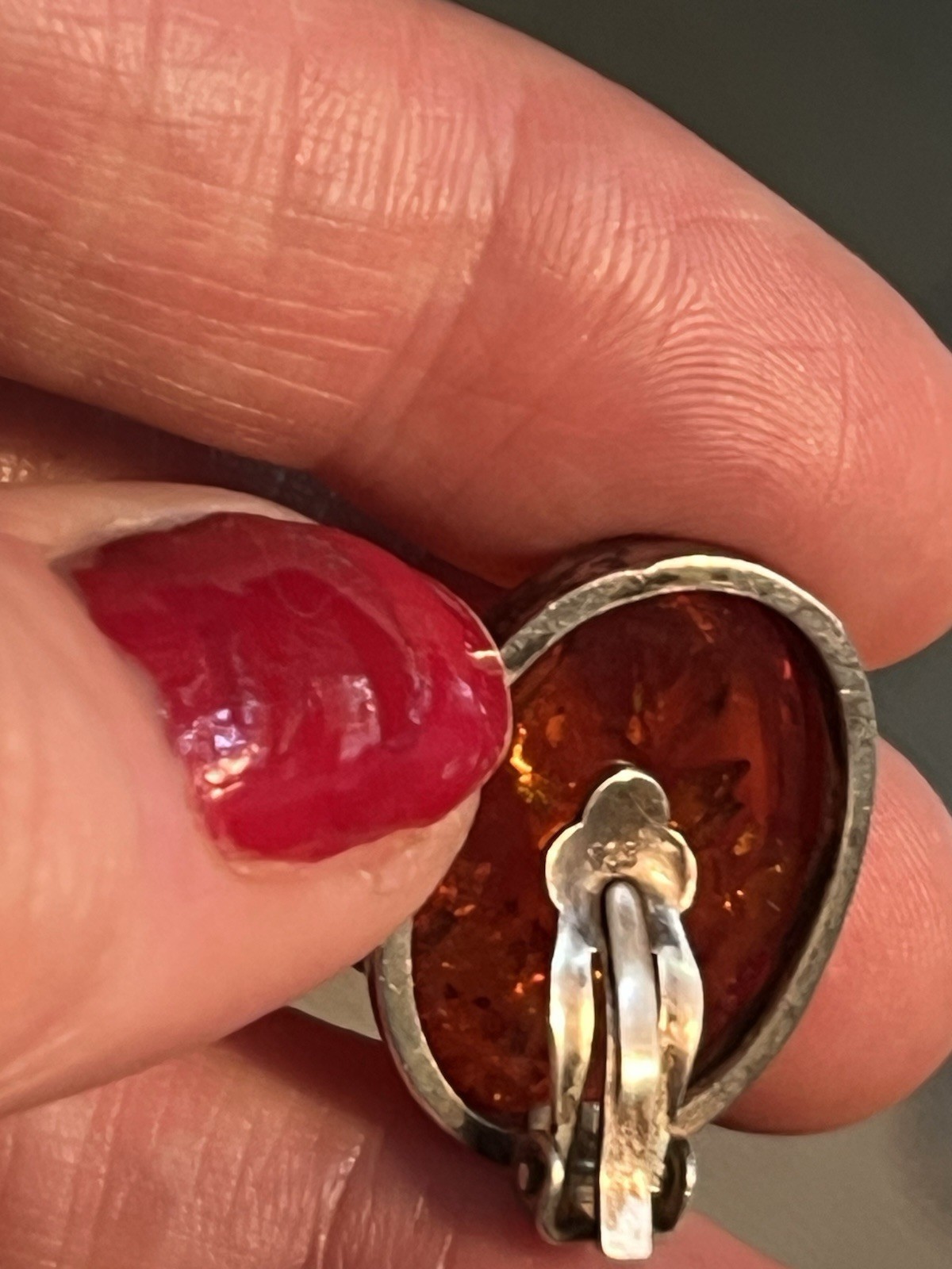 Oval Orange Amber Cabochon Bezel Clip-On Stud Earrings Silver Tone Metal