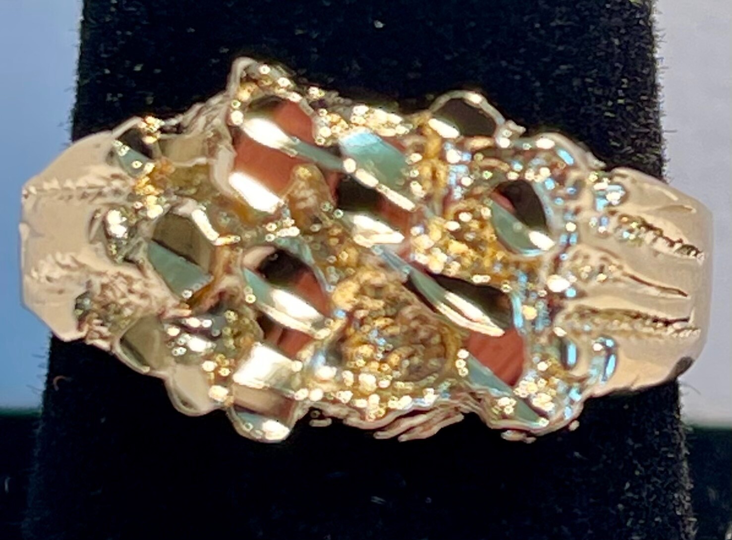 MENS,BOYS 14 KT GOLD PLATED DESIGNER NUGGET R4, SQUARED OFF RING SIZES 4-13