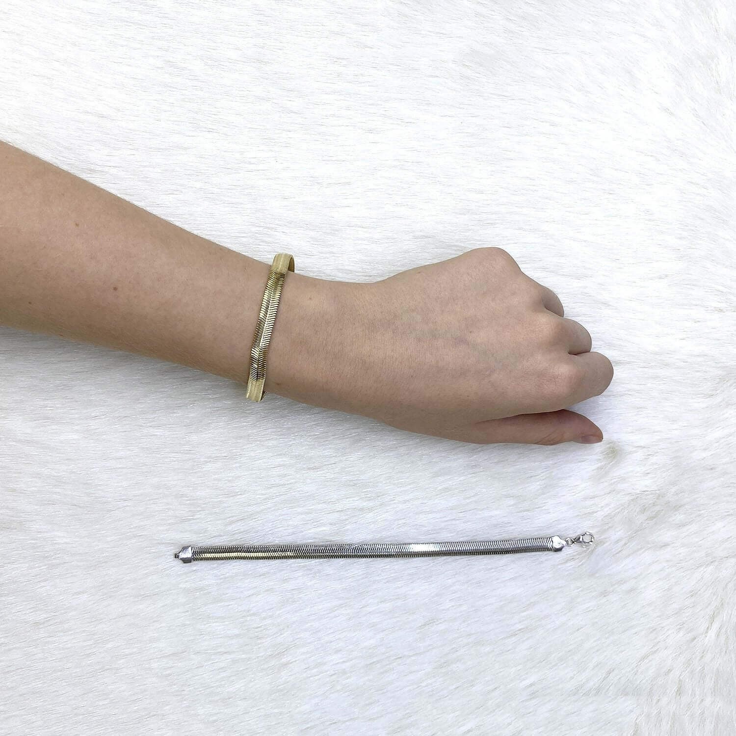 Yellow White Gold Over Sterling Silver Fancy Puffed Herringbone Bracelet 7.5″