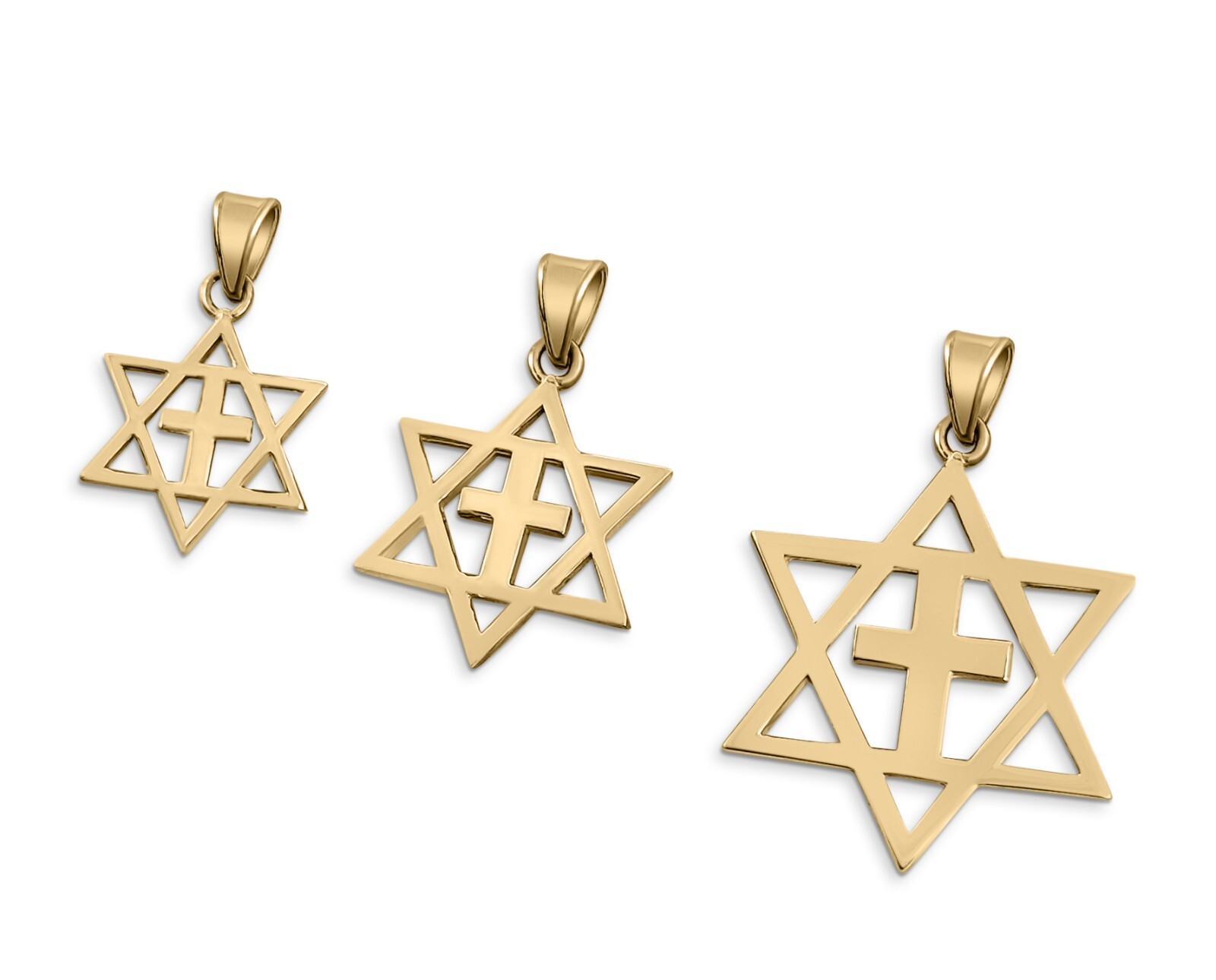 Solid 14K Yellow Gold Messianic Star of David with Cross Pendant, 3 Sizes