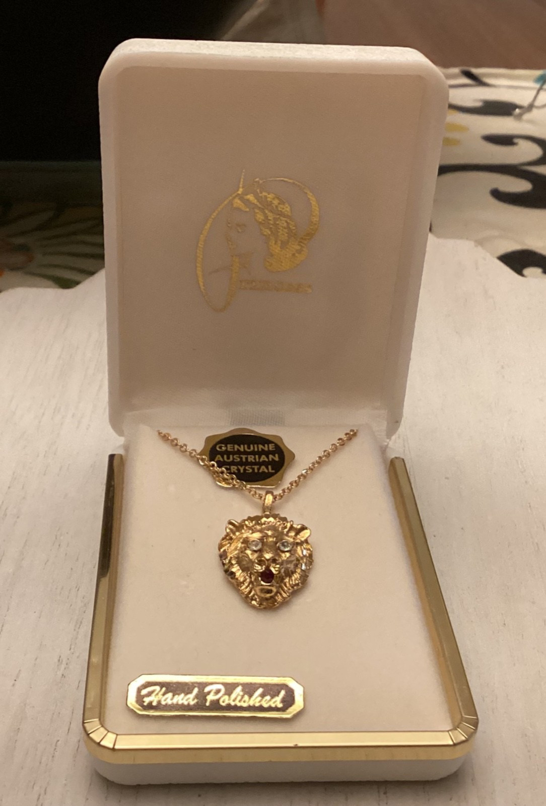 Vintage Princess Goldtone Hand Polished Lions Head Necklace & Austrian Crystals