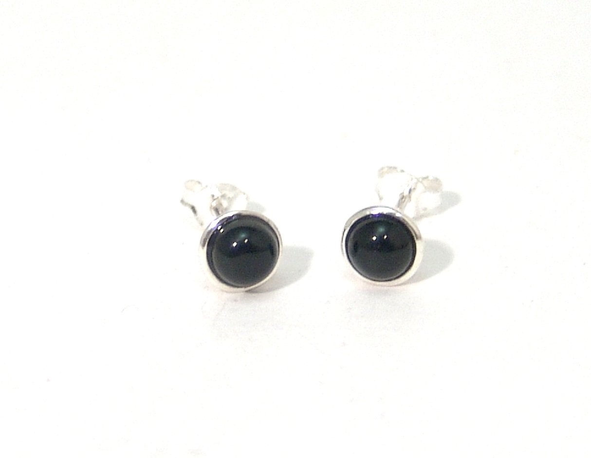 Sterling Silver Black Onyx Stud Earrings Hand Polished Bezel Set 5mm SMALL SMALL