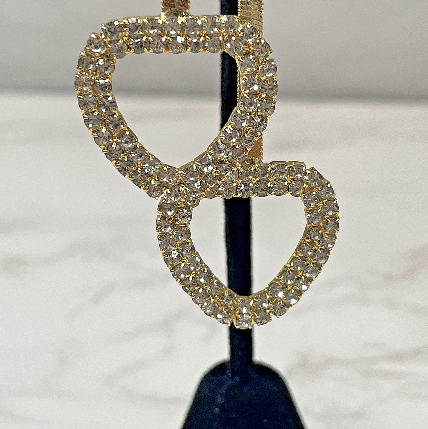 Gold Tone Herringbone Chain Drop Earrings Pave Rhinestone Open Heart Ball Stud