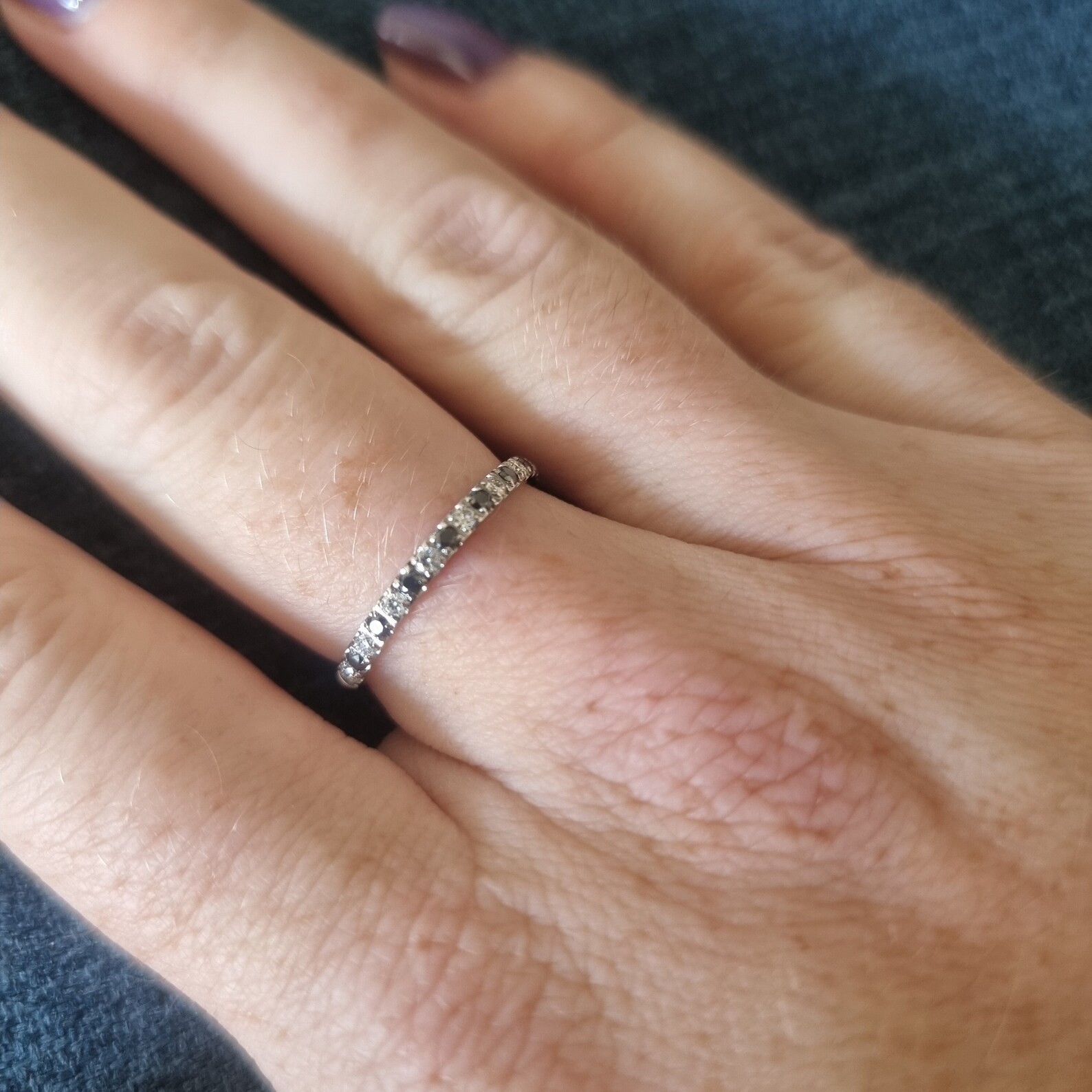 2mm Wide Black & White Moissanite Half Eternity Band Ring 14k White Gold Plated