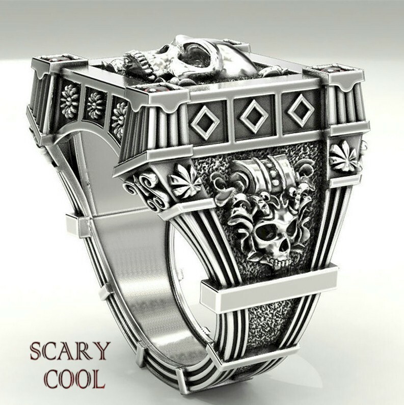 New Skull Skeleton Red Crystal Embossed Head Silver Mens Gothic Biker Ring