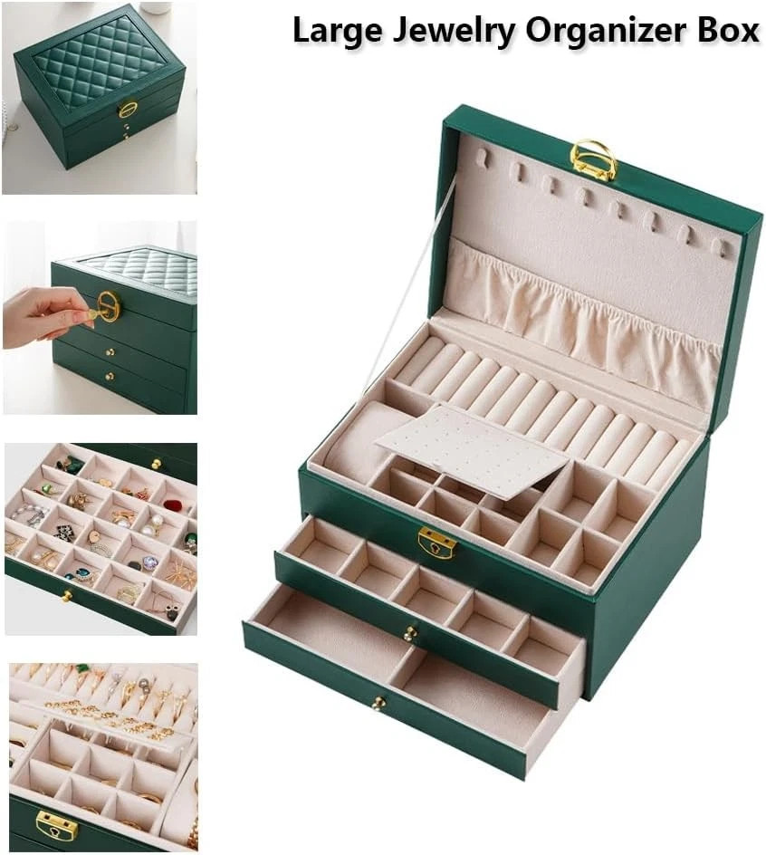 3 Layer Jewelry Box Organizer.Large Capacity Ring Earring Necklace Storage Case