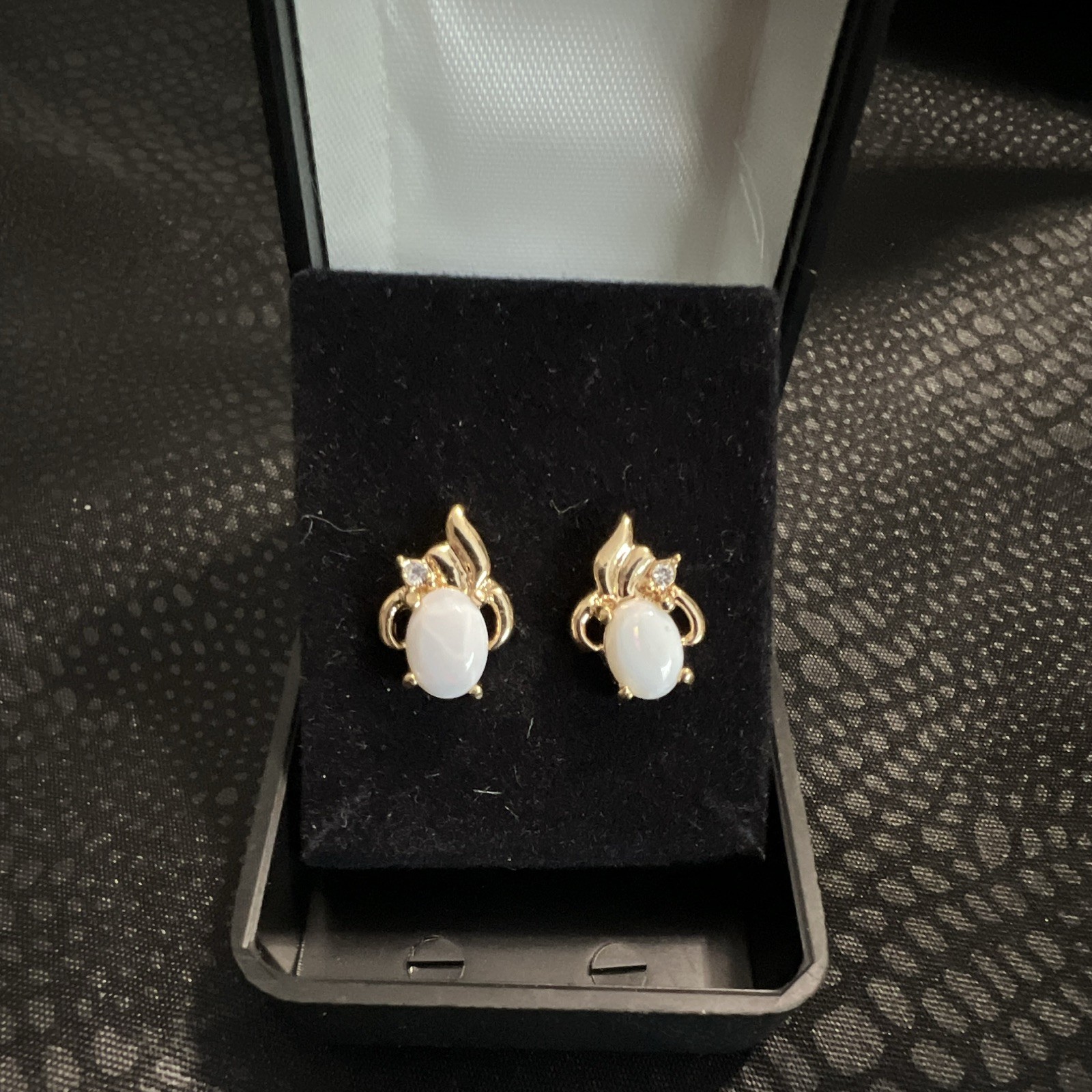Natural White Oval Opal Stud Earrings Gold Tone Metal Prong Set Butterfly Back