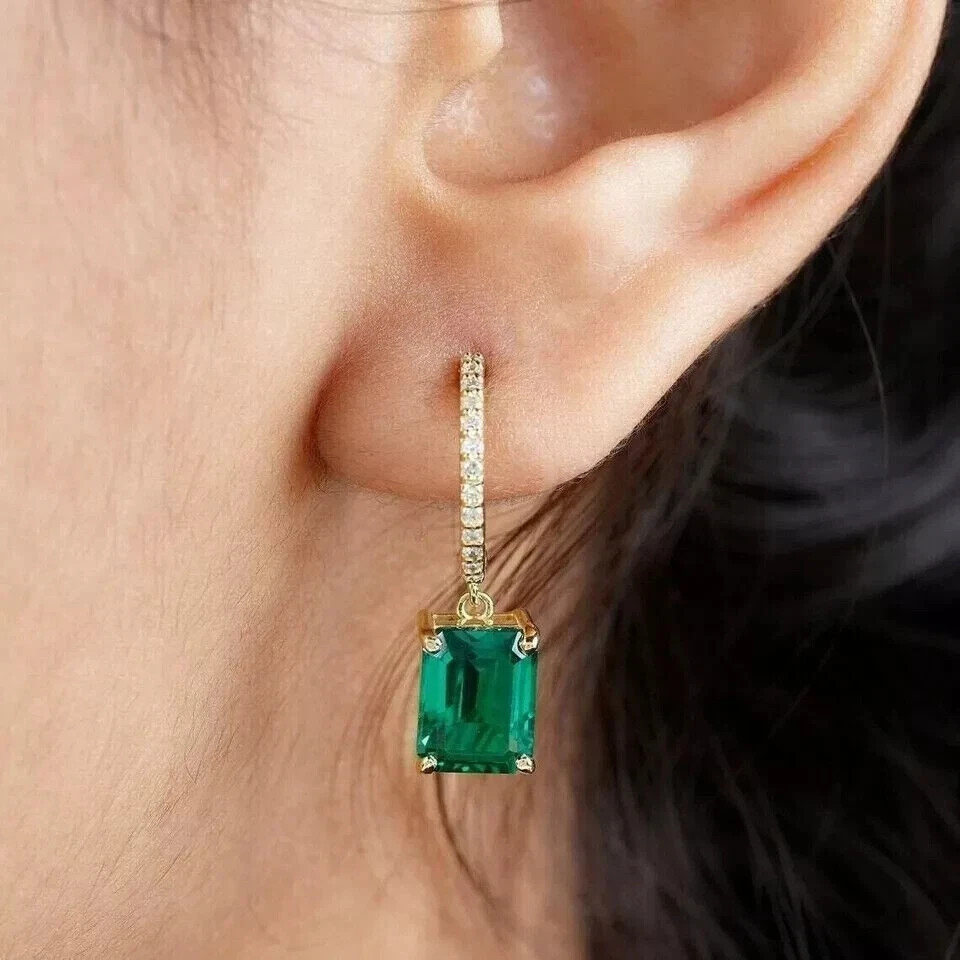3Ct Emerald Cut Simulated Emerald Drop Dangle Earrings In 14K Yellow Gold Plated